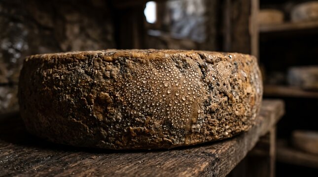 A large, rustic cheese wheel matures on a wooden shelf in a dimly lit, traditional aging cellar, showcasing authentic dairy preservation and artisanal craftsmanship