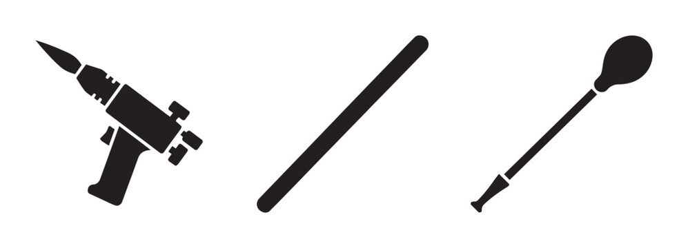 Drill, Stick, and Mace Icons: Simple Black Vector Symbols for Tools, Weapons, and Abstract Concepts