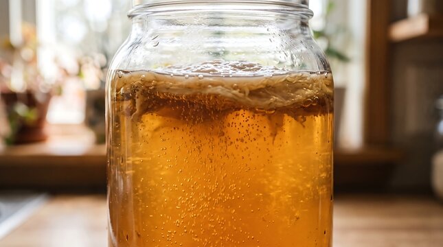 Close-up of fermenting kombucha tea with scoby in a glass jar in a home kitchen