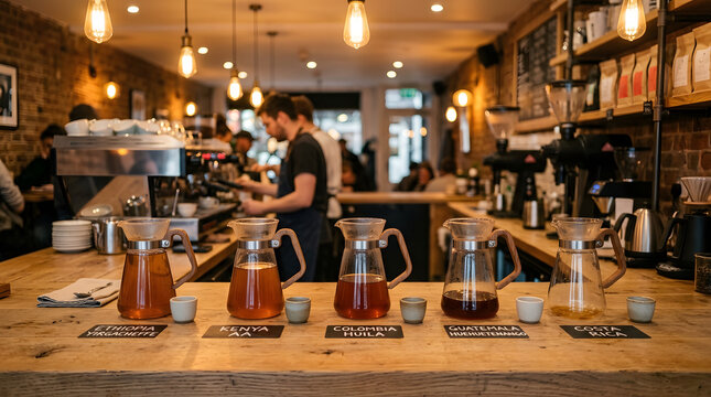 Four glass coffee servers lined up on a wooden cafe counter displaying different origin beans