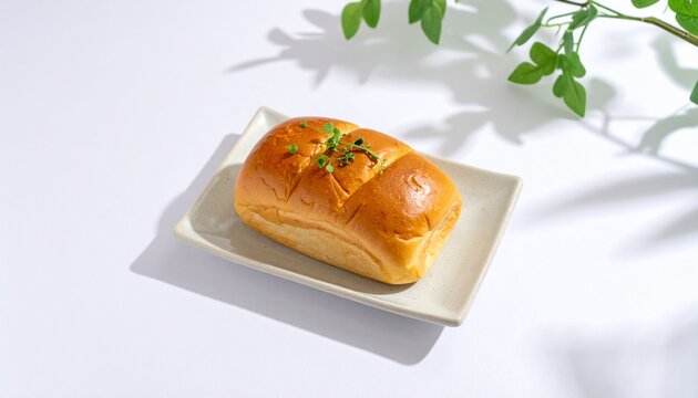 Freshly baked mini bread loaf on a white plate with herbal garnish, minimalist background with leaf shadow