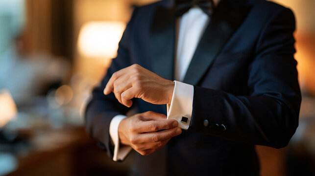 Groom adjusting his cufflinks on his wedding day, close-up formal preparation detail, with copy space