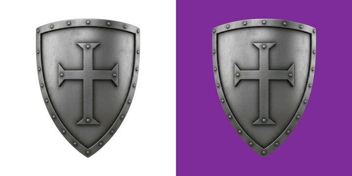 Old metal knight shield with a cross symbol in classic design