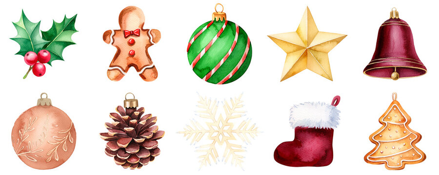 Watercolor Christmas ornament collection on transparent background