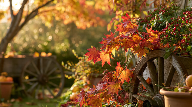 Vibrant autumn maple leaves glowing in warm sunlight, with a rustic wooden wagon wheel and bright red berries in a fall garden
