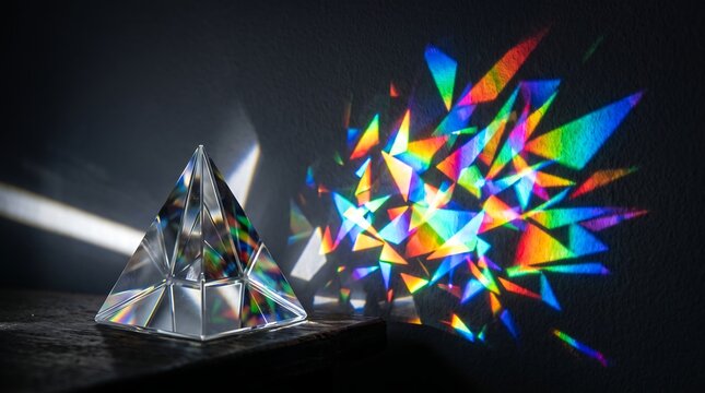 Mesmerizing light refraction through a crystal prism creating a dazzling explosion of rainbow colors, an abstract and scientific phenomenon showcasing the beautiful spectrum of visible light
