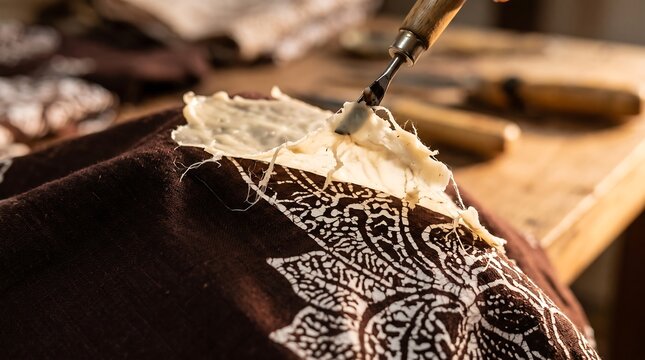 Artisan worker carefully using a sharp tool to remove wax during traditional batik textile creation on dark brown fabric with white pattern