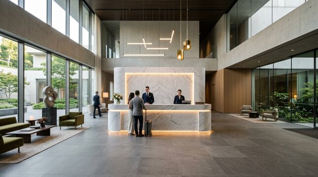 Modern Luxury Hotel Lobby with Reception and Guests