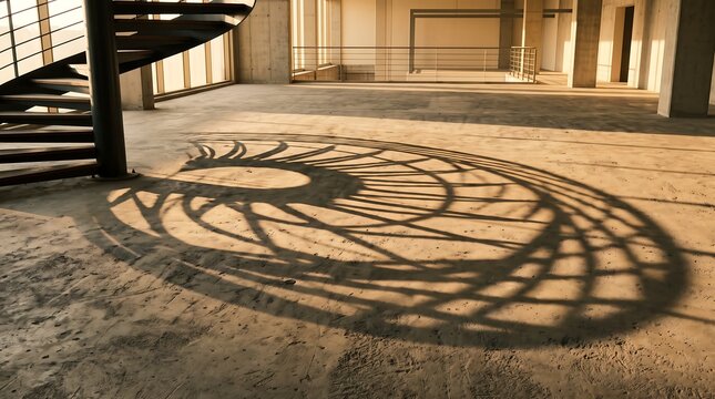 Curved Spiral Staircase Shadow Cast on Concrete Floor in Empty Modern Building During Sunset