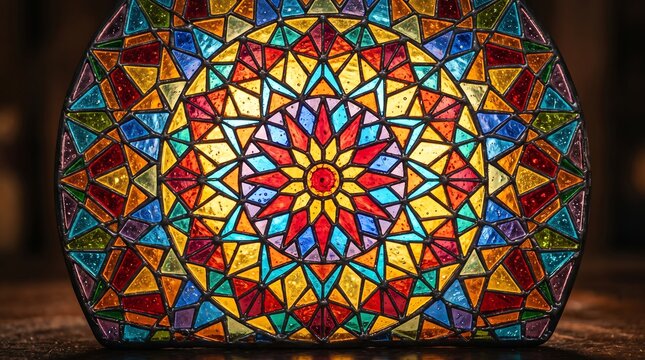 Luminous Multi-Colored Stained Glass Mandala with Intricate Geometric Patterns Glowing from Within