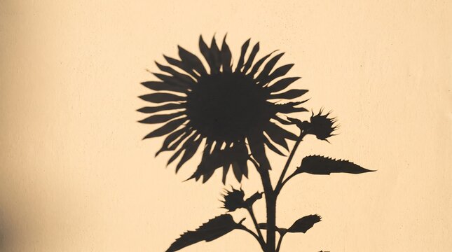 Sunflower silhouette against a warm beige background, dark shadow of a blooming flower with leaves