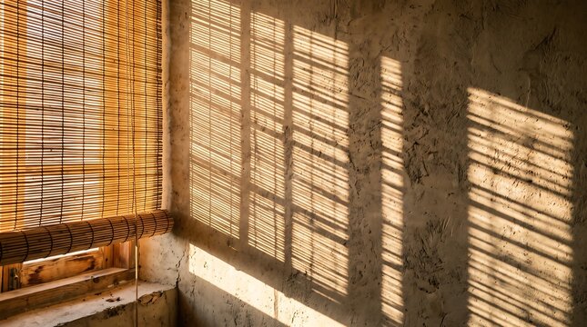 Sunlight streaming through a woven bamboo window blind casting soft shadows on a textured concrete wall inside a rustic room