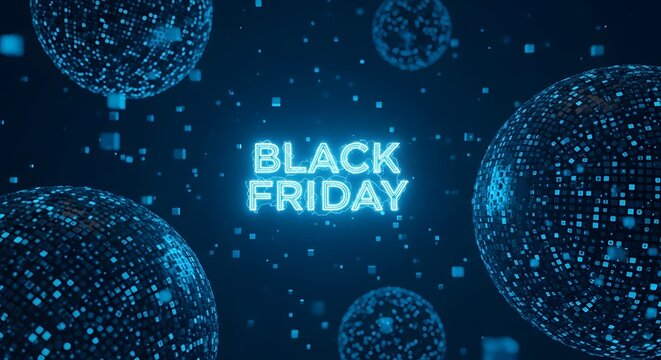 Black friday neon sign with abstract digital spheres background