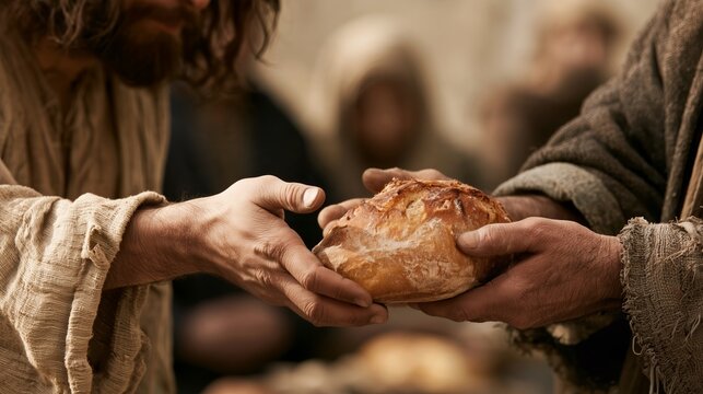 Jesus offers bread to the needy showing a biblical narrative on compassion and charity for the hungry in an ancient setting