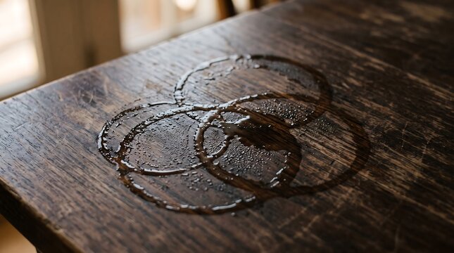 Close up of water rings and moisture stains left by drinks on a dark rustic wooden tabletop surface