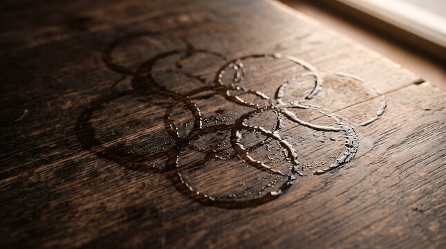 Rustic wooden surface close-up, showcasing intricate overlapping circle patterns etched deeply into its natural grain, emphasizing texture and warm, earthy tones