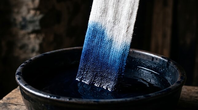 Traditional Artisanal Indigo Fabric Dyeing Process in a Dark Rustic Workshop Setting Featuring Textile Dipped into Deep Blue Natural Pigment