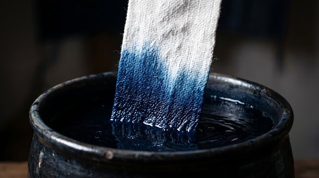 Traditional indigo dyeing process with natural dye in a ceramic pot, showcasing artisan textile craft