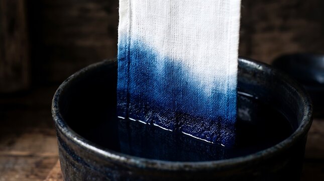 Traditional Indigo Dyeing Process with Natural Blue Pigment on White Linen Fabric in Ceramic Vat