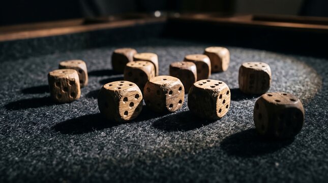 A close-up shot of vintage wooden dice scattered on a dark felt surface during a board game