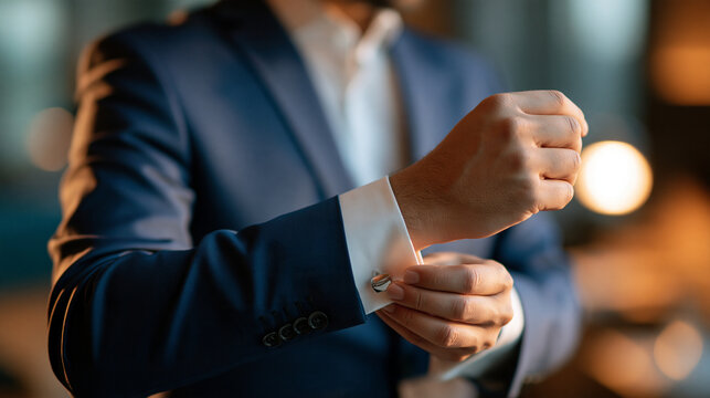 Faceless elegant groom in a blue suit adjusting silver cufflinks on his white shirt before the wedding ceremony indoors, with copy space
