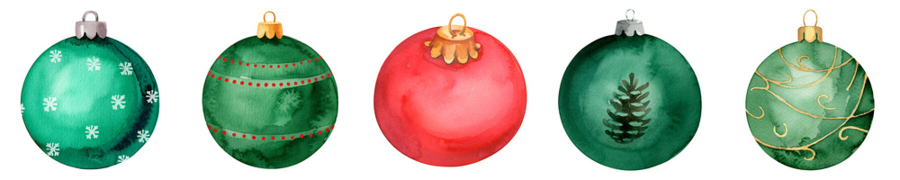 Watercolor Christmas baubles with snowflake and pinecone motifs