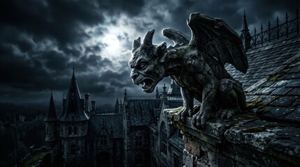 Obraz premium Gargoyle statue perched on castle roof under full moon at night