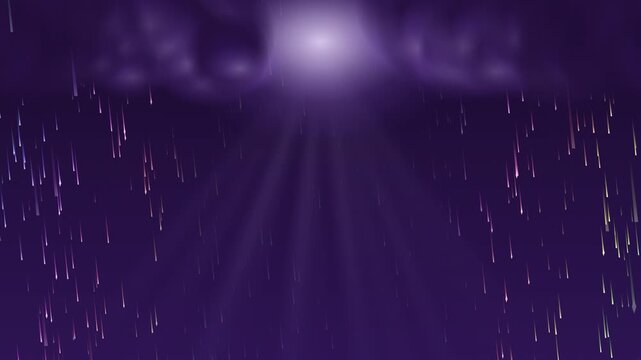 Water cycle illustration. Dark violet clouds bursting with light refracting rain seamless loop