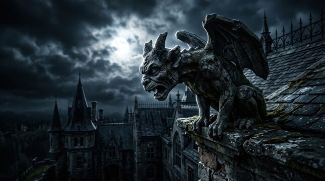Gargoyle statue perched on castle roof under full moon at night