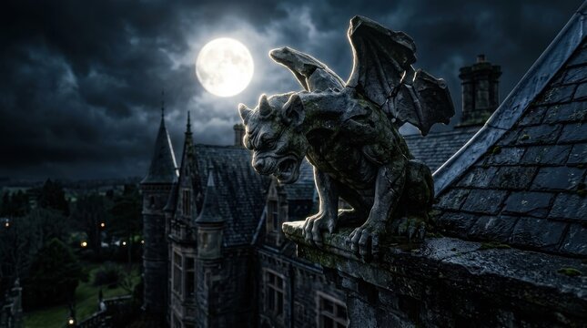 Stone gargoyle statue on a medieval castle roof at night with full moon