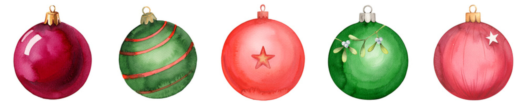 Watercolor Christmas baubles with stars and mistletoe