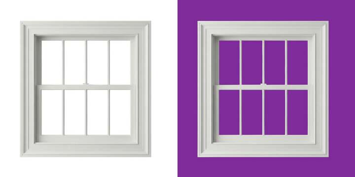 White sash window frame with clear glass panes realistic 3D render