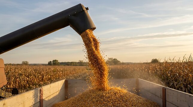 Golden corn grains stream down from machine pipeline directly into a wooden tractor cart during traditional autumn harvest operations in scenic country field.