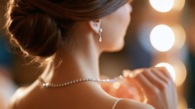 Beautiful bride adjusting an elegant diamond necklace while looking in a mirror, bridal jewelry preparation concept, with copy space