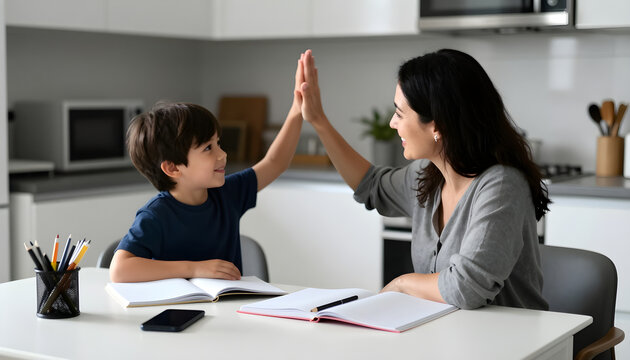 A mother and son high fiving at the kitchen table after homework