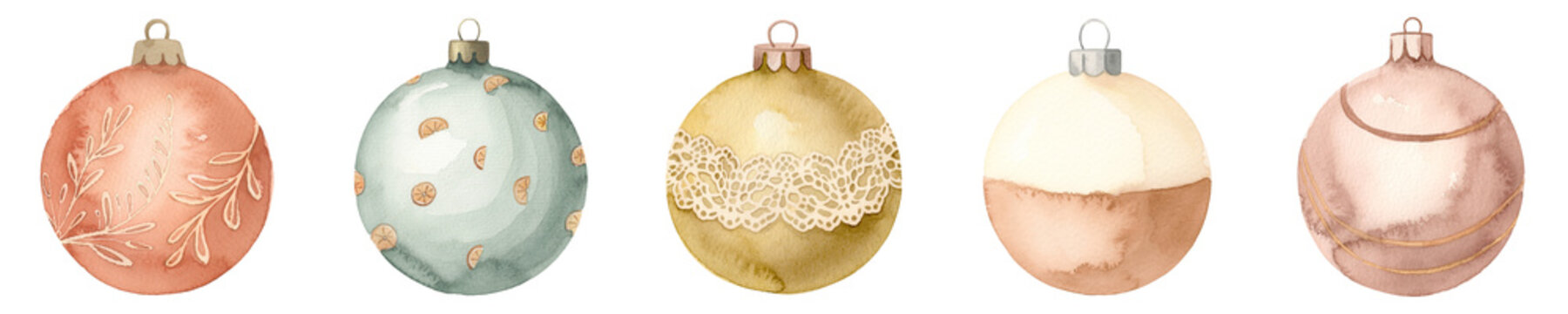 Pastel watercolor Christmas baubles with delicate patterns