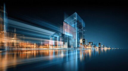 Naklejka na ściany i meble Futuristic Cityscape with Abstract Glowing Architecture and Light Trails at Night