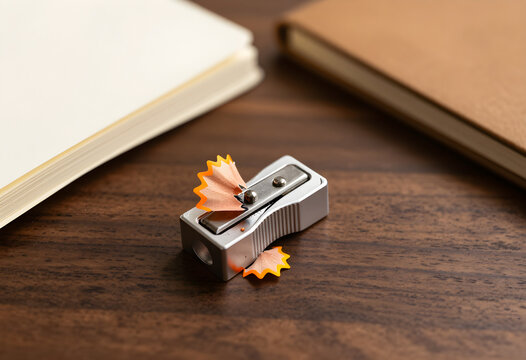 A sharpener with shavings collected beneath it with soft daylight