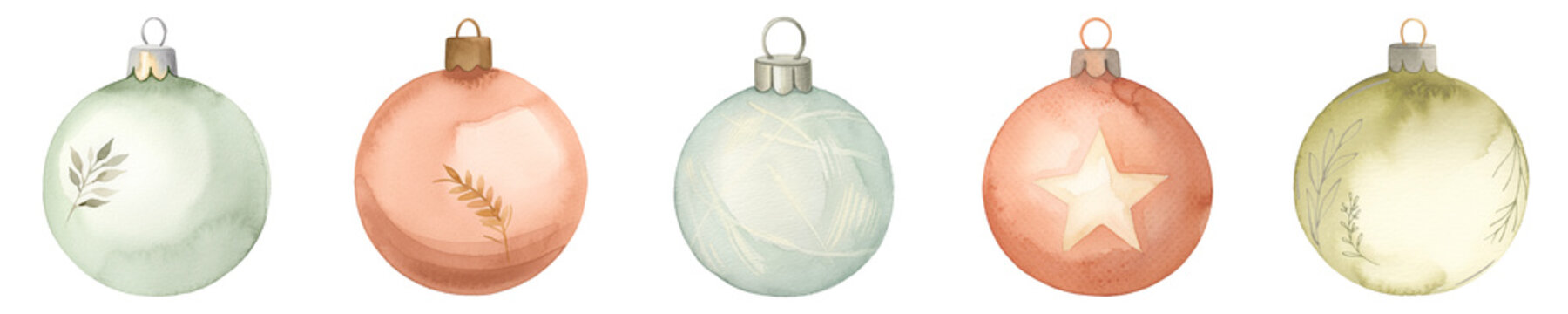 Elegant pastel watercolor Christmas baubles with botanical motifs