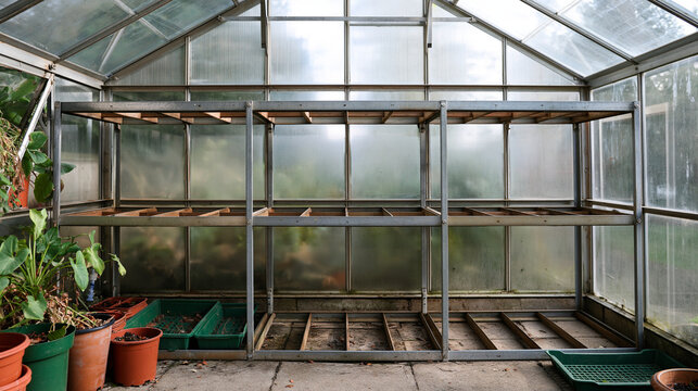 Empty greenhouse cleared out with bare staging shelves, end-of-season garden maintenance concept, with copy space