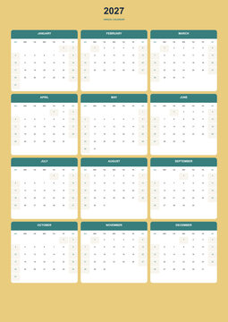 Annual calendar twenty twenty seven layout featuring twelve monthly grid panels displayed neatly on a bright yellow background for yearly planning needs