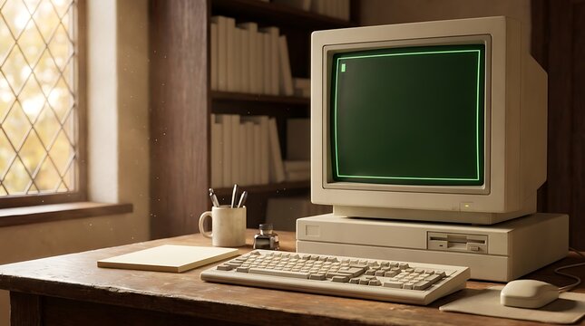 Classic eighties computer workstation with green terminal display and mechanical key board sitting on dark wooden desk in front of library bookshelf background.