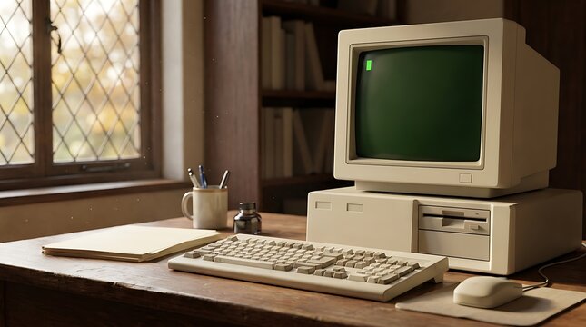 Vintage eighties microcomputer system featuring green screen monitor on beige desktop chassis with floppy drive and mechanical keyboard on wooden study table.