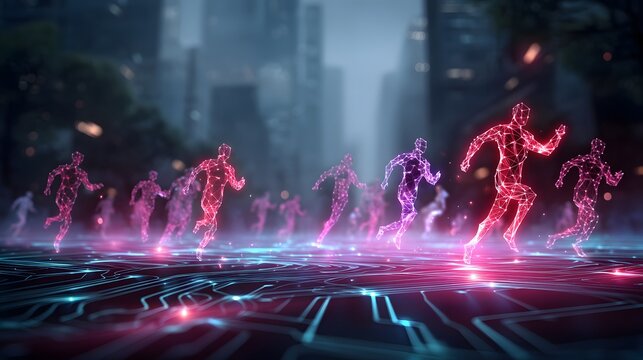 Digital Runners in a Futuristic Cityscape: Abstract Network of People Running Fast