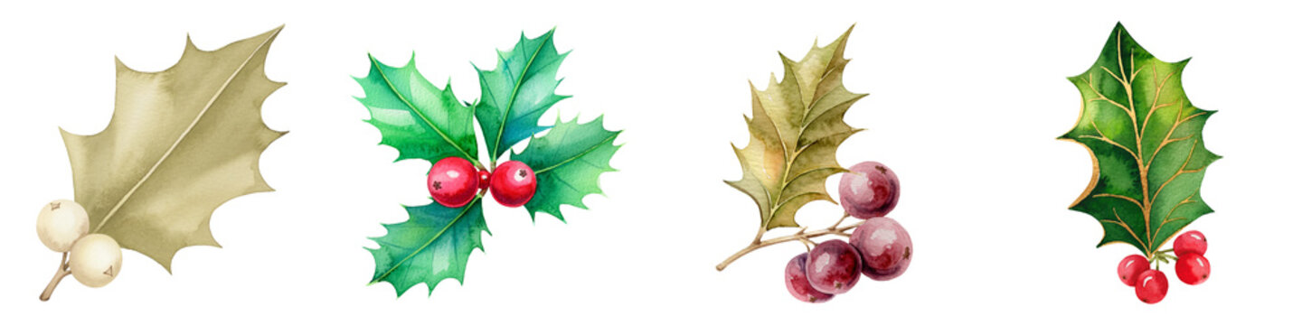 Watercolor holly leaves and berries in classic Christmas colors