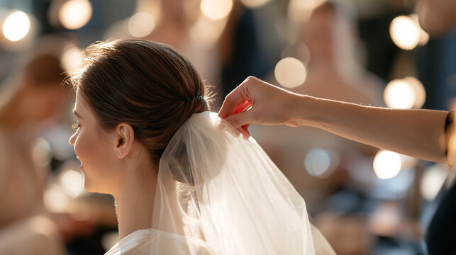 Faceless hairstylist pinning a veil onto a bride in a sunlit bridal suite while bridesmaids review the ceremony timeline, morning wedding preparation concept, with copy space