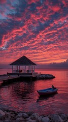 Fototapeta premium A small boat floats near a pier with a gazebo under a dramatic pink and purple sunset sky reflecting on the calm water.