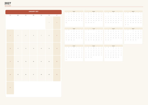 Minimalist desk calendar for year 2027 featuring monthly grids printed in clean neutral tones with elegant typography designed for modern office workspace organization