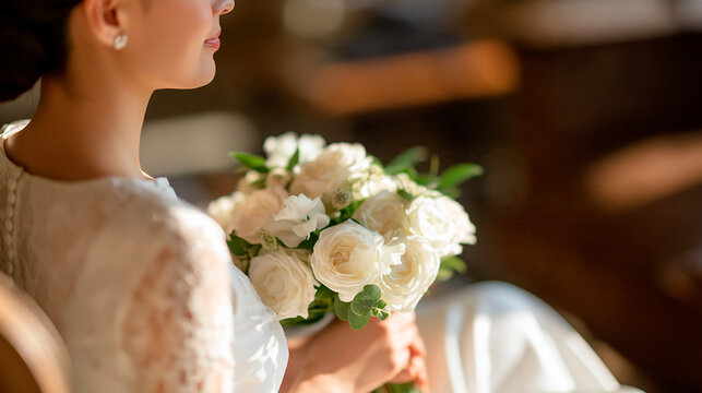 Elegant bride sitting gracefully in a bridal suite holding a lush flower bouquet, wedding preparation and bridal fashion concept, with copy space