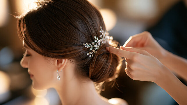 Elegant bride getting ready in a luxury suite with a stylist, bridal preparation concept, with copy space